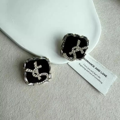 Boucles d'oreilles à tige classiques en strass avec lettres YS pour femmes, boucles d'oreilles tendance en zircon noir de luxe, bijoux de fête de bureau, accessoires cadeaux