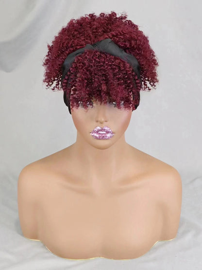 200% Density 1BT30 Afro Kinky Curly Scarf Wig with Bangs Machine Made Wig Curly 100% Human Hair Wig Preplucked for Black Women