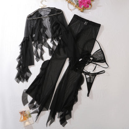 Summer Sexy Four Piece Solid Color Mesh Top Open Skirt Mini Beach Wear Holiday Travel Dress Sexy Long Pants Set