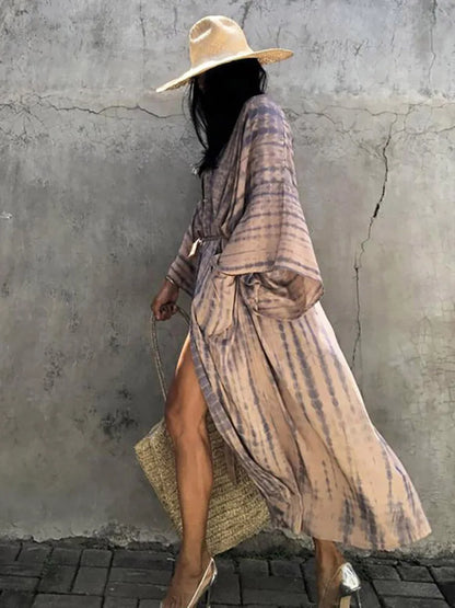 2023 Women Swimsuit Pareo Beachwear Boho Striped Print with Belt Short Sleeve Tunic Cardigan Summer Sexy Kimono Bikini Cover Up