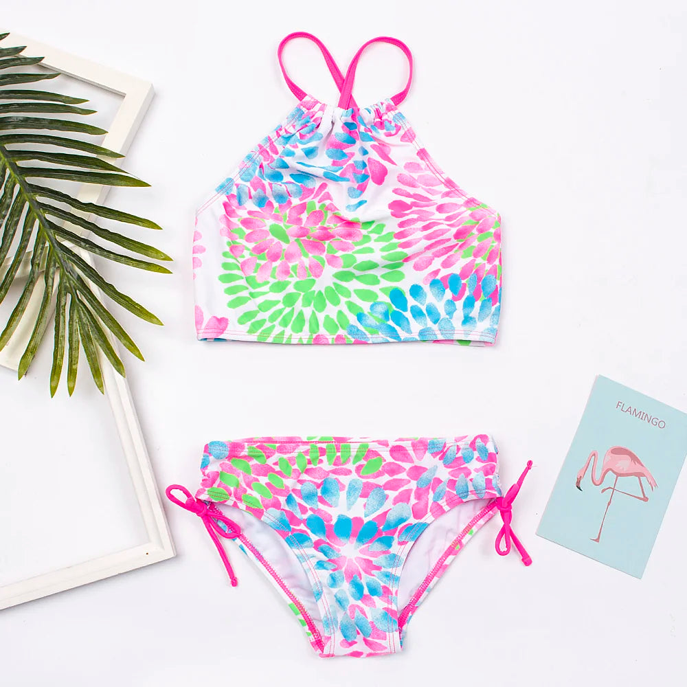 3-14 Years Flower Print Girls Kids Swimwear Summer Children Teen Students Two Pieces Swimsuit Kids Bikini Set Bathing Suit