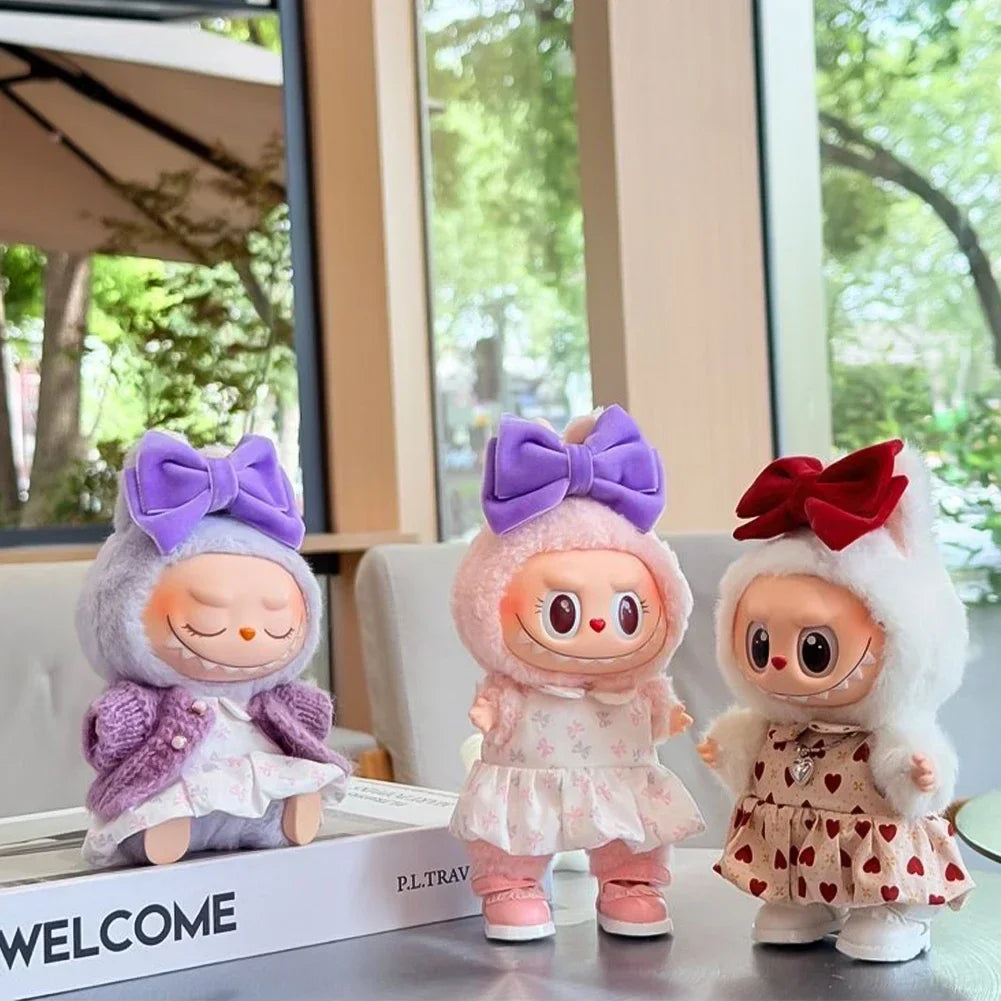 Lovely Bow Heart Flower Bud Skirt Set Decor Dress Sweater Cardigan Outfit Dolls Accessories For 17cm/38cm Labubu Doll Clothes