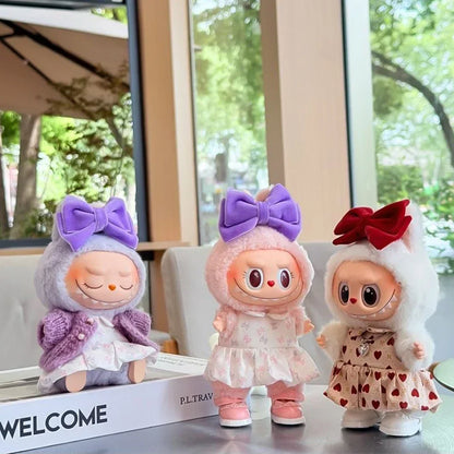 Lovely Bow Heart Flower Bud Skirt Set Decor Dress Sweater Cardigan Outfit Dolls Accessories For 17cm/38cm Labubu Doll Clothes