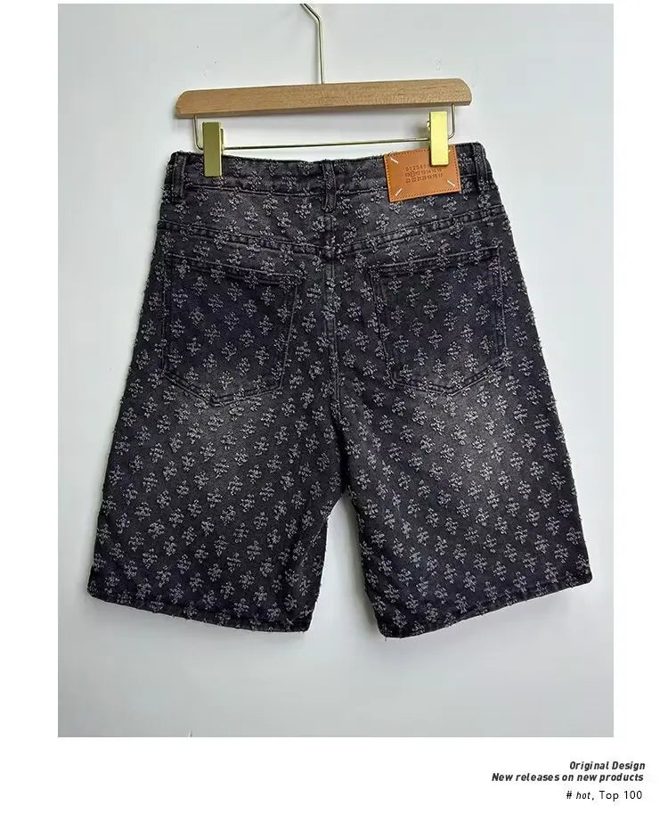 Ccowboy Shorts Men's Summer Workwear Pants Loose Straight Leg Mid Length Pants Elastic Waist American High Street Trendy Shorts