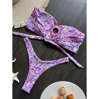 Sexy Colorful Floral Printed Bandeau Bikini Female Swimsuit Women Swimwear Two-pieces Bikini set Bather Bathing Suit Swim K6137