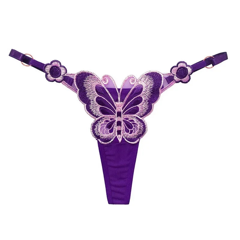 Butterfly Embroidery Thongs G Strings Sexy Underwear Women's Thong Transparent Mesh Panties Adjustable Low Waist Briefs Lingerie