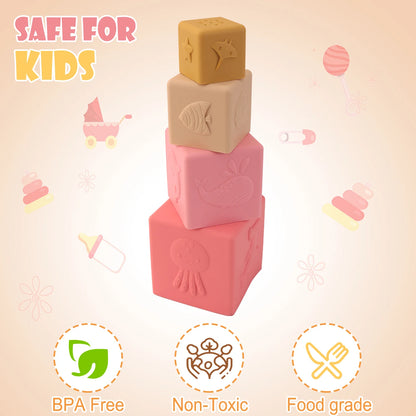 4PCS Silicone Stacking Cups Montessori Toy Square Nesting Bath Toy For Baby Early Education Sensory Development Teether Toy