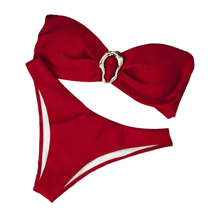 Women Bikini Set Solid Color Underwire Padded Push-Up Split Bikini Bra Print High Waist Bottoms Swimsuit Women Bathing Suit
