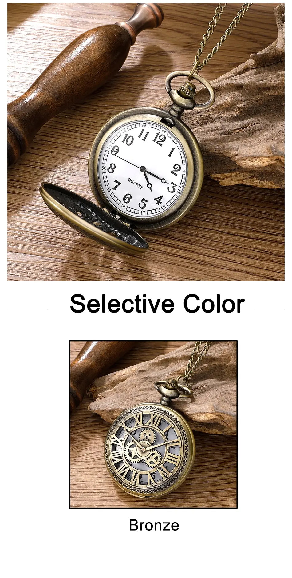 Antique Steampunk Vintage Roman Numerals Quartz Pocket Watch Bronze Case Necklace Pendant Clock Chain Mens Women