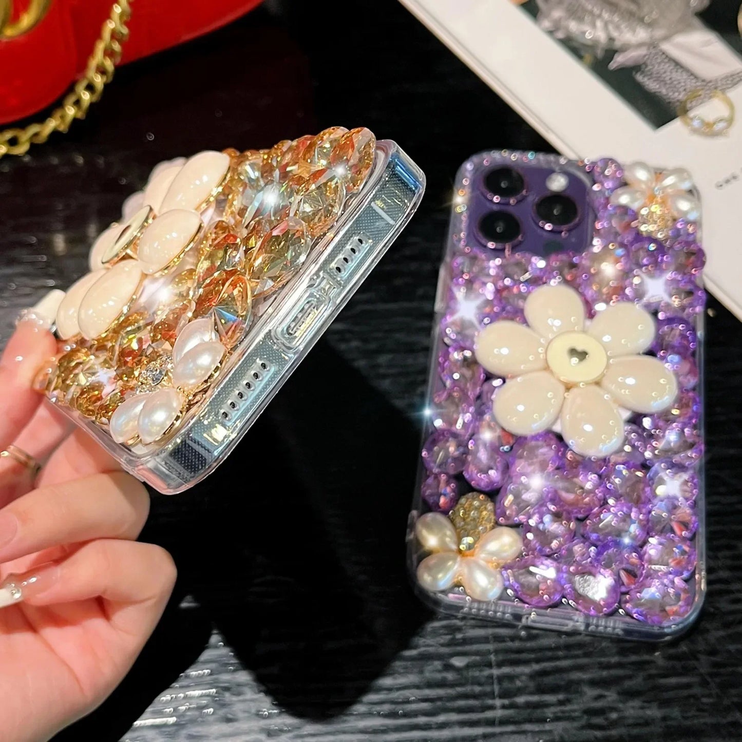 Sparkling Flower Pearl Water Diamond Phone Case Suitable For iPhone 15 14 13 12 11 Pro Max XR XS X 7 8 Plus Set
