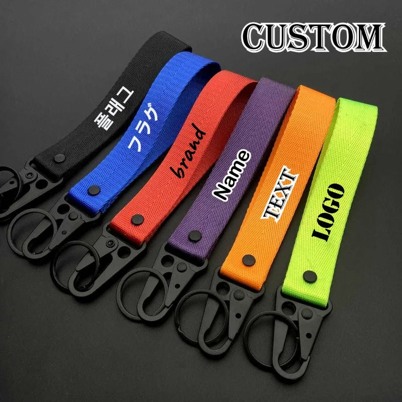 Custom Logo Ribbon Keychain Men Women Motorcycle Car Keychain Ring Pendant Personalize Outdoor Eagle Beak Webbing Nylon Keyring