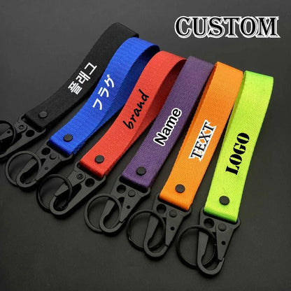 Custom Logo Ribbon Keychain Men Women Motorcycle Car Keychain Ring Pendant Personalize Outdoor Eagle Beak Webbing Nylon Keyring