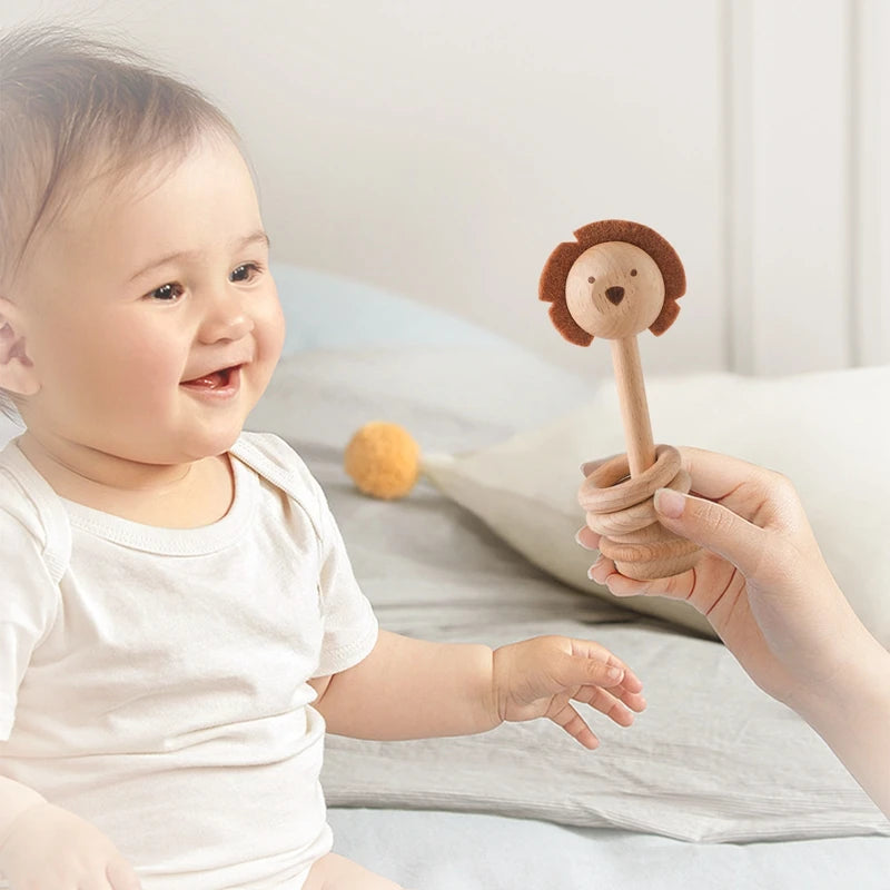 1pc Baby Rattles Toys Beech Wooden Animal Rattles Music Hand Bells Toys Newbron Montessori Educational Mobile Rattle Blocks Toys