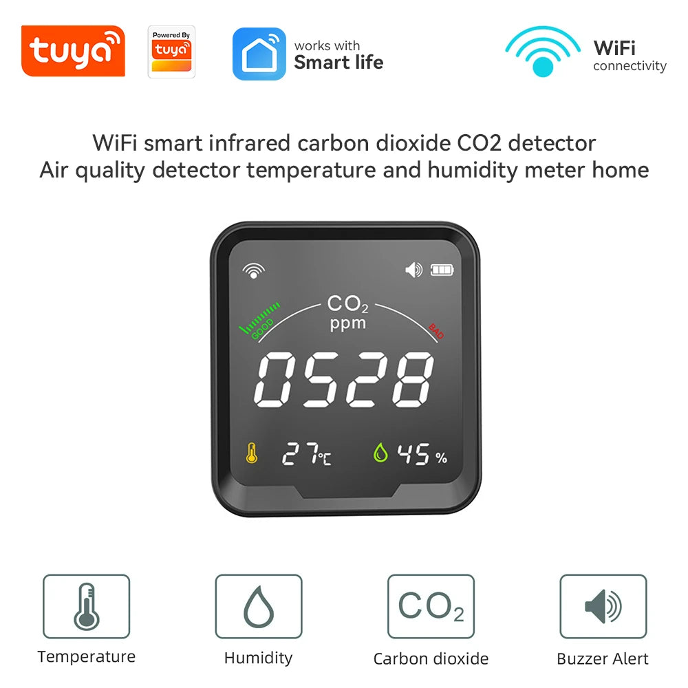 NDIR CO2 Meter Alarm Temperature Humidity Detector Indoor Air Quality Monitor Gas Analyzer with LCD Display USB Rechargeable