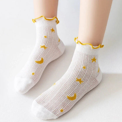 5Pairs/Set Sweet Baby Girl Socks Summer Breathable Mesh Short Sock for Toddler Korean Print Ruffled Cotton Kids Socks