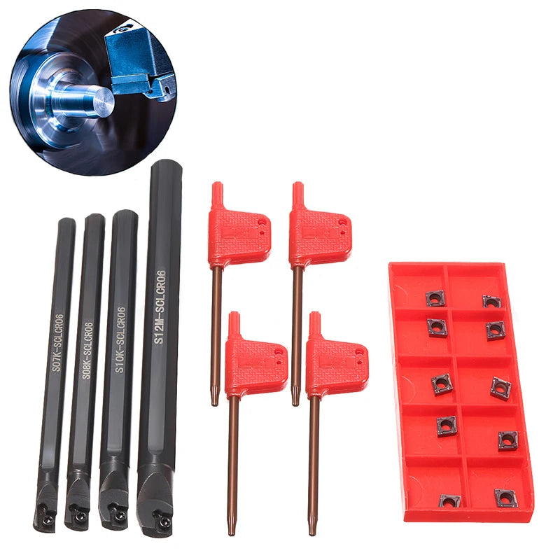 4Pcs 7/8/10/12mm SCLCR06 Lathe Boring Bar Turning Tool With 10Pcs CCMT0602 Inserts +4Pcs T8 Wrench