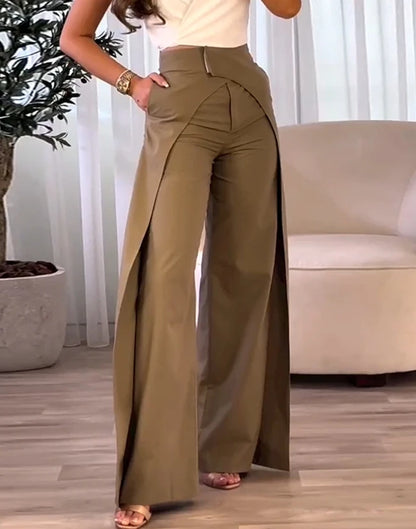 2023 New Fashion Women's Pants Elegant High Waist Overlap Asymmetrical Wide Leg Pants Female Trouser Casual Bottom