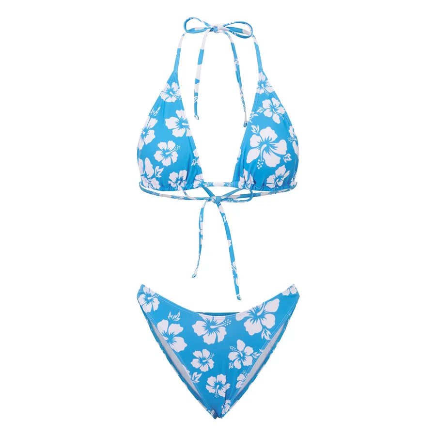 Push Up Bikini Set  For Women Flower Print Sleeveless Bra with Low Waist Briefs Bathing Suit