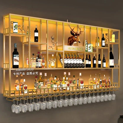 Customized: bar counter wine cabinet against the wall, hanging shelves, industrial style bar, wrought iron display stand,