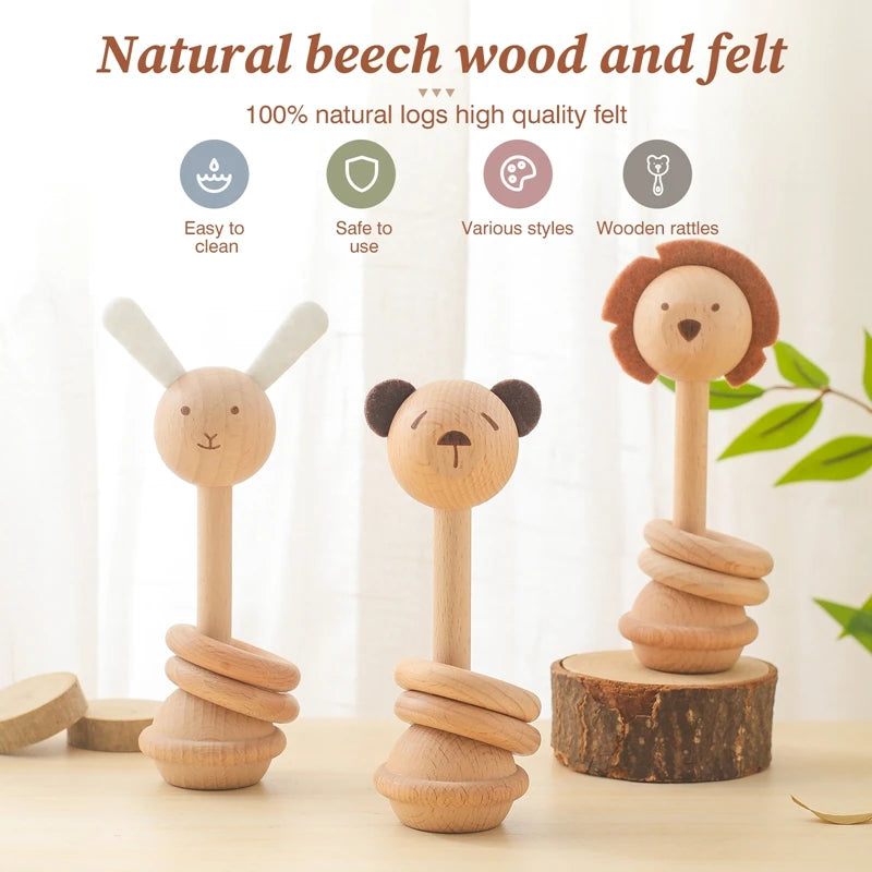 1pc Baby Rattles Toys Beech Wooden Animal Rattles Music Hand Bells Toys Newbron Montessori Educational Mobile Rattle Blocks Toys