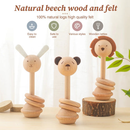 1pc Baby Rattles Toys Beech Wooden Animal Rattles Music Hand Bells Toys Newbron Montessori Educational Mobile Rattle Blocks Toys