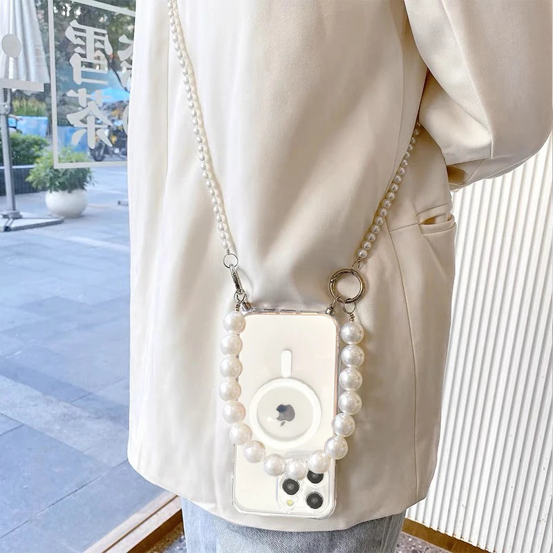 Pearl Chain Crossbody Necklace Lanyard Phone Case For iphone 16 15 14 13 11 12 Pro Max plus Magnetic Cover