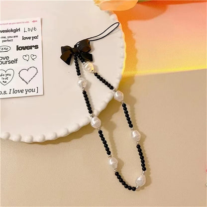 Retro Bowknot Pearl Phone Charm Strap Flower Bead Pendant Korean Bracelet For iPhone Samsung Accessories Hanging Rope For Girl