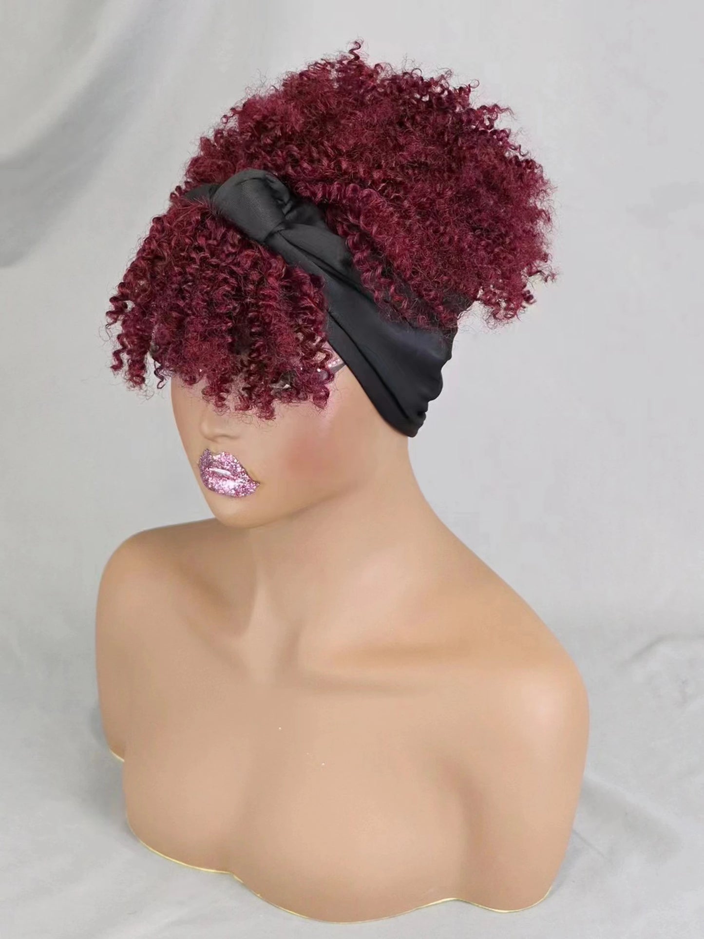 200% Density 1BT30 Afro Kinky Curly Scarf Wig with Bangs Machine Made Wig Curly 100% Human Hair Wig Preplucked for Black Women