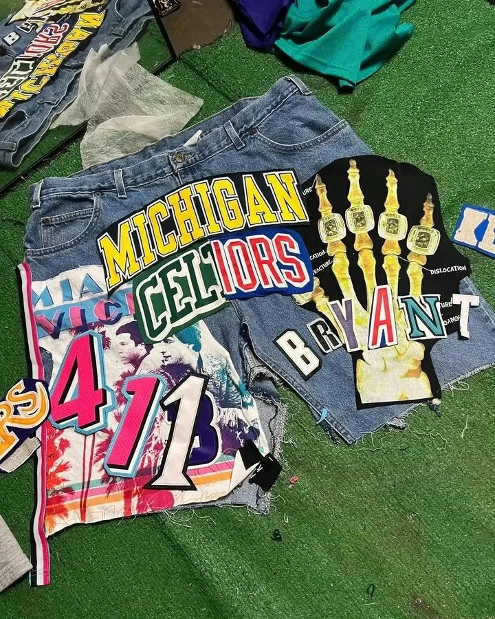 American Retro Patchwork Blue Denim Shorts Y2K Jeans Mens Womens Hip Hop Retro Baggy Shorts Low Waist Over The Knee Pants