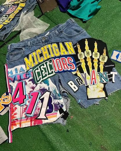 American Retro Patchwork Blue Denim Shorts Y2K Jeans Mens Womens Hip Hop Retro Baggy Shorts Low Waist Over The Knee Pants