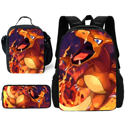 Child School Cute Anime Charizards Backpack with Lunch Bags ,Pencil Bags ,School Bags for Boys Girls Best Gift