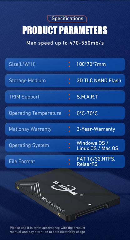 Disque dur SSD Walram 1 To SATA3 SSD 120 Go 240 Go 128 Go 256 Go 480 Go 512 Go 500 Go pour ordinateur portable de bureau