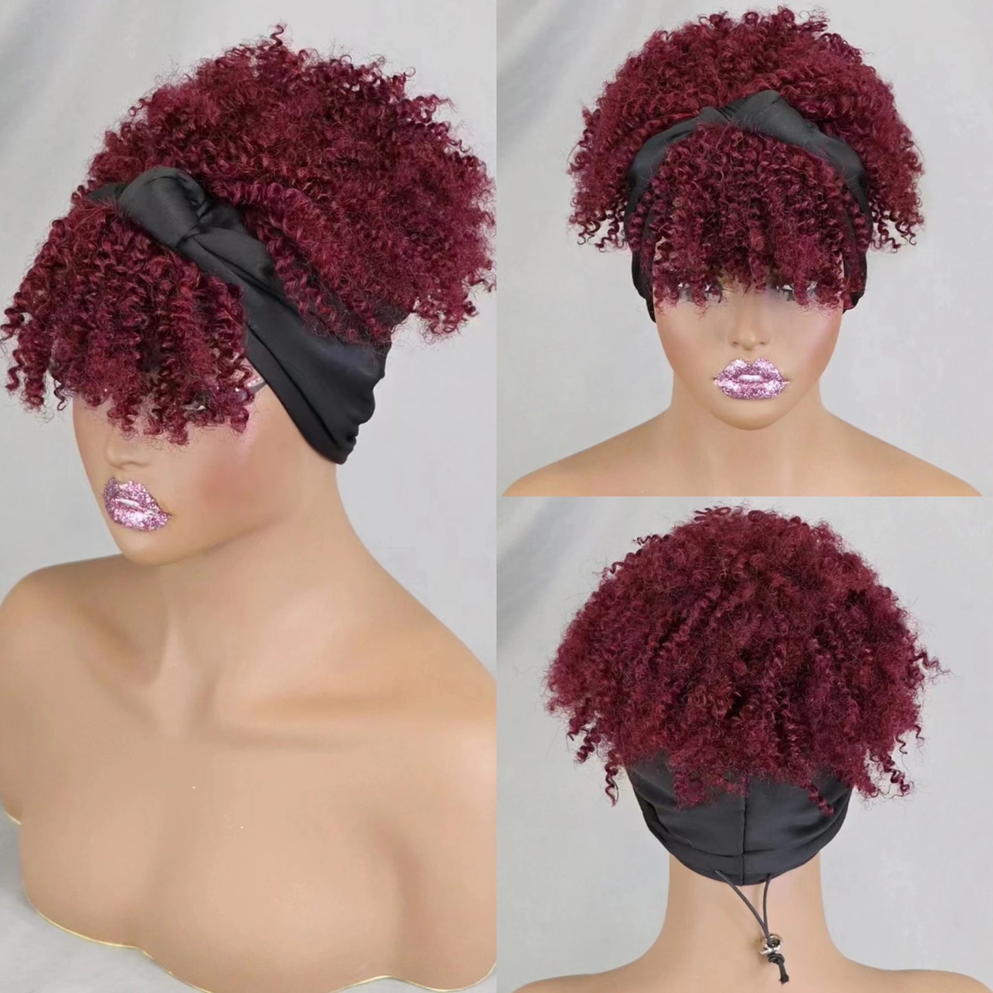 200% Density 1BT30 Afro Kinky Curly Scarf Wig with Bangs Machine Made Wig Curly 100% Human Hair Wig Preplucked for Black Women