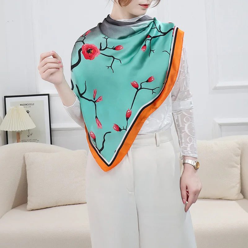 ELAIFRUIHAO Foulard en soie florale pour femme, hijab, bandana imprimé, grand format, carré, 110 cm, en satin