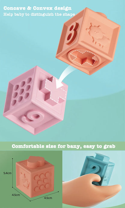 Baby Soft Rubber Cube Puzzle Montessori Toddlers Touch Early Education Squeeze Stacker Relief Gifts Kids Children Bath Toys