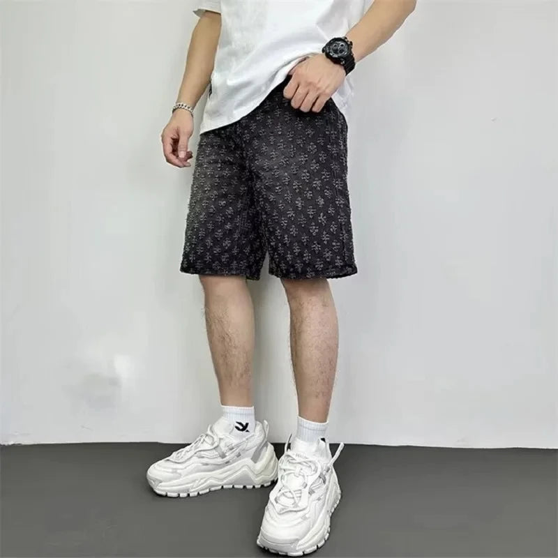 Ccowboy Shorts Men's Summer Workwear Pants Loose Straight Leg Mid Length Pants Elastic Waist American High Street Trendy Shorts