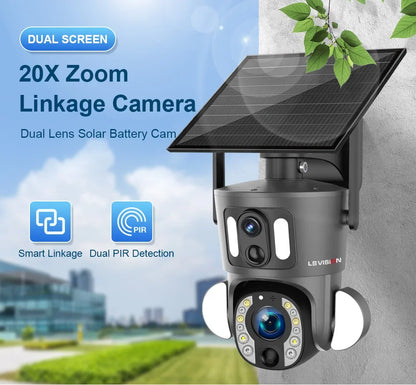 LS VISION 4G Solar Security Camera Outdoor 20X Zoom Dual Screen 8MP WiFi PTZ Dual Lens PIR Detection Auto Tracking Camera UBOX