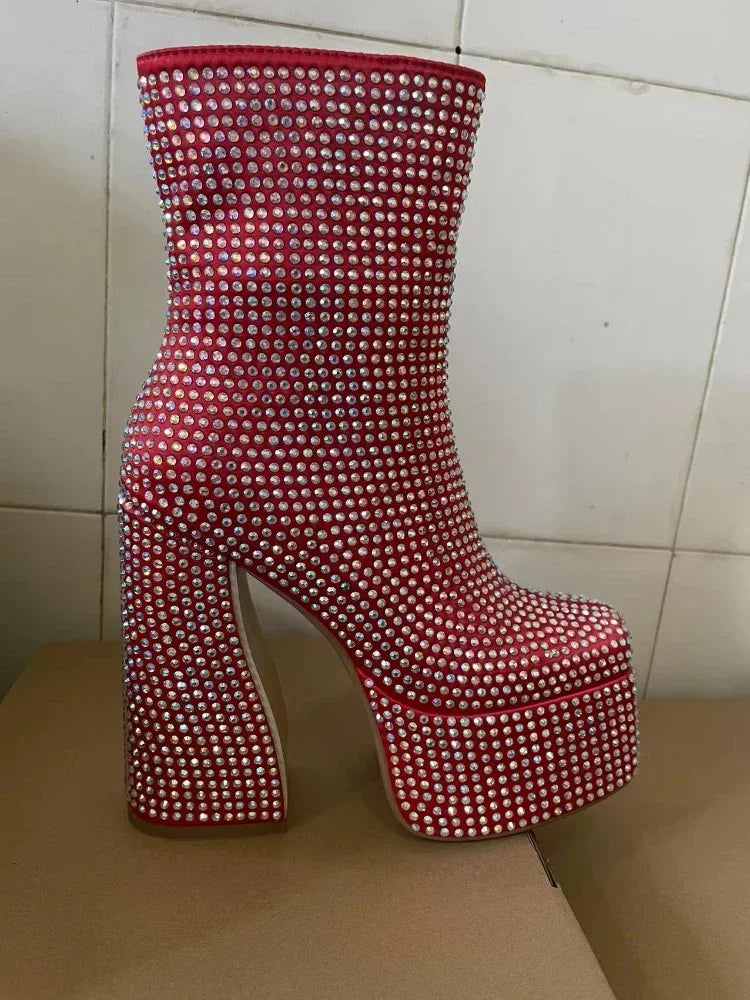 2024 Silver High Heel Chelsea Boots – Women's Platform Ankle Boots Square Toe with Diamond Decor, Chunky Heel Short Boots