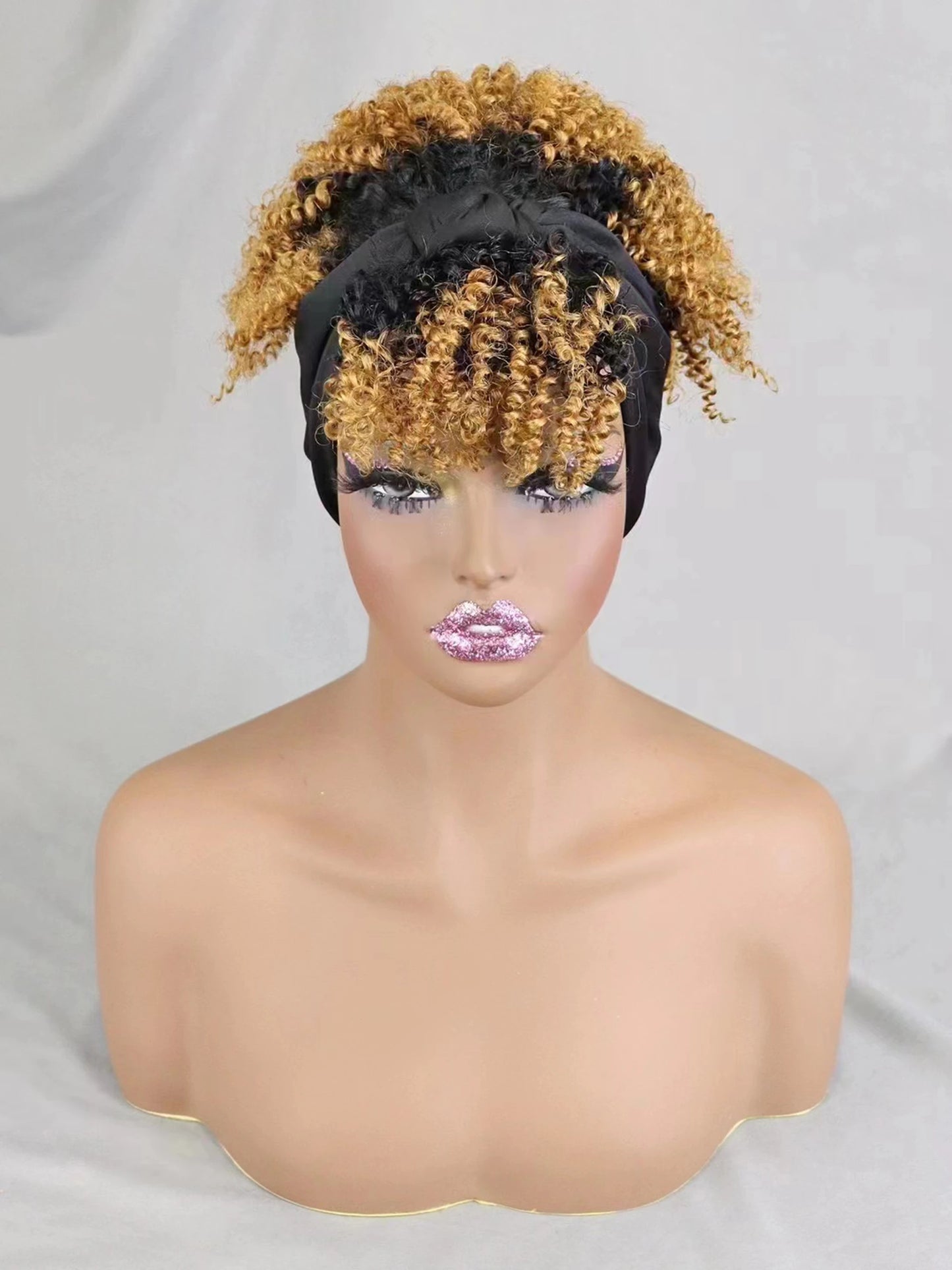 200% Density 1BT30 Afro Kinky Curly Scarf Wig with Bangs Machine Made Wig Curly 100% Human Hair Wig Preplucked for Black Women