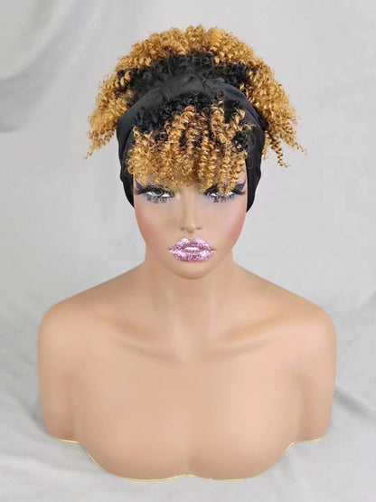 200% Density 1BT30 Afro Kinky Curly Scarf Wig with Bangs Machine Made Wig Curly 100% Human Hair Wig Preplucked for Black Women