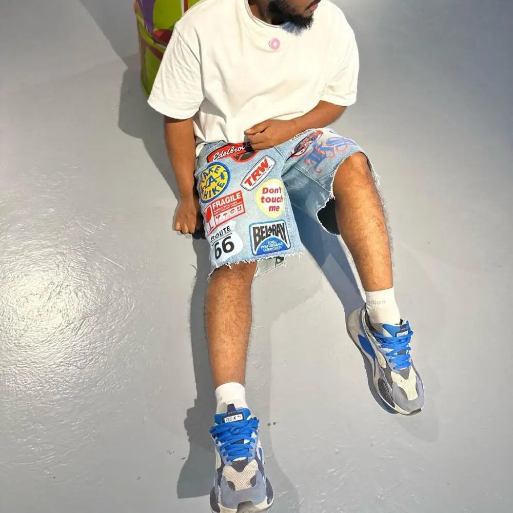 American Retro Patchwork Blue Denim Shorts Y2K Jeans Mens Womens Hip Hop Retro Baggy Shorts Low Waist Over The Knee Pants