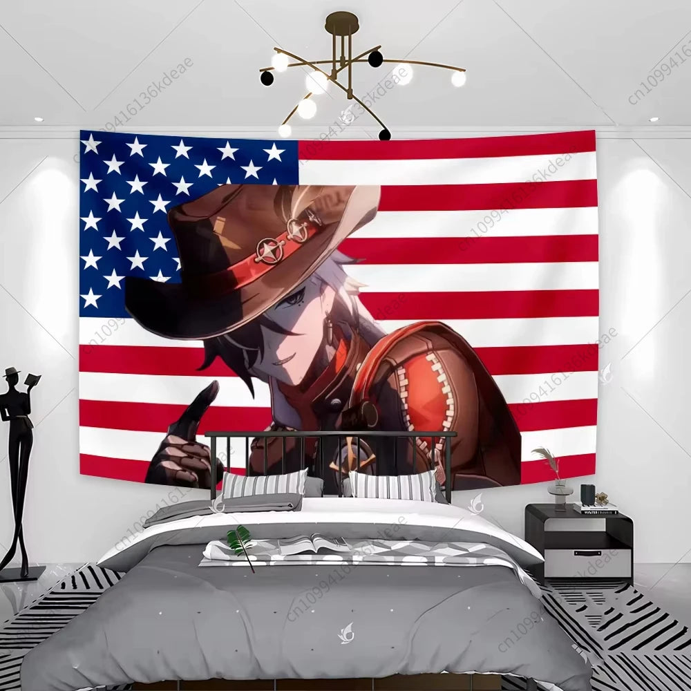 Tapisserie Anime unique Boothill Drapeau américain Honkai Star Rail Chambre Dessin animé Fond Tissu Fête Bannière Chambre Décoration de la maison