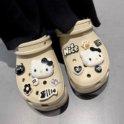 MINISO INS Black & White Series Hello Kitty Cat & Fish Shoe Charms Accessories Women Sandals Decorative Buckle Party Gifts ﻿