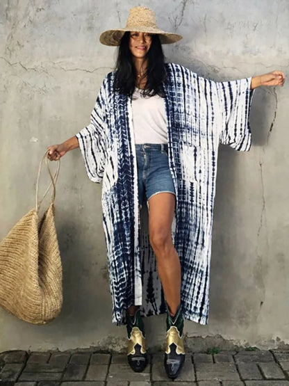 2023 Women Swimsuit Pareo Beachwear Boho Striped Print with Belt Short Sleeve Tunic Cardigan Summer Sexy Kimono Bikini Cover Up