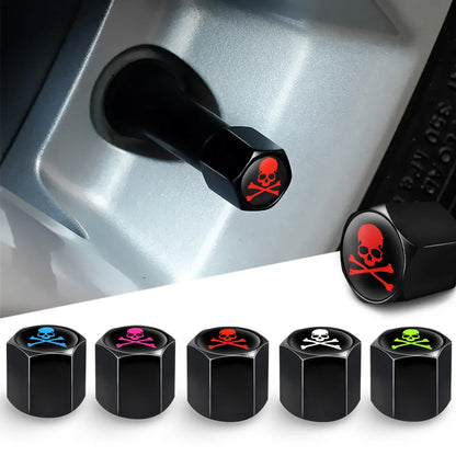 Lot de 4 bouchons de valve de pneu tête de mort avec joint torique, universels pour voitures, SUV, vélos, camions et motos