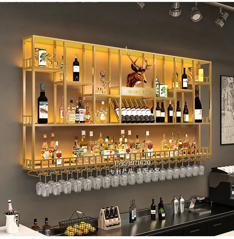 Customized: bar counter wine cabinet against the wall, hanging shelves, industrial style bar, wrought iron display stand,