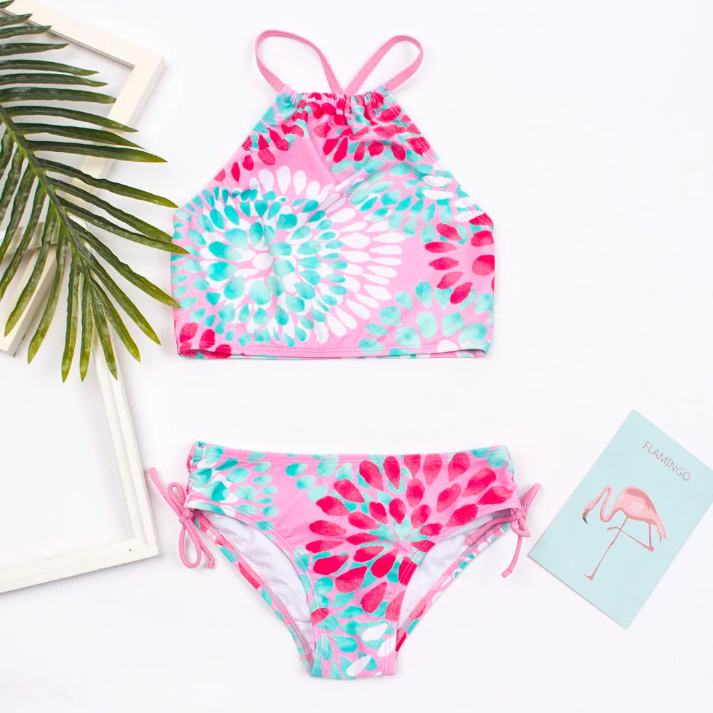 3-14 Years Flower Print Girls Kids Swimwear Summer Children Teen Students Two Pieces Swimsuit Kids Bikini Set Bathing Suit