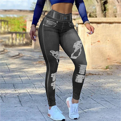 trousers ladies 2023 New Spring High Waist High Stretch Faux Denim Leggings Fitness Sports Yoga Women's Pants Streetwear Y2K