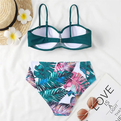 Women Bikini Set Solid Color Underwire Padded Push-Up Split Bikini Bra Print High Waist Bottoms Swimsuit Women Bathing Suit