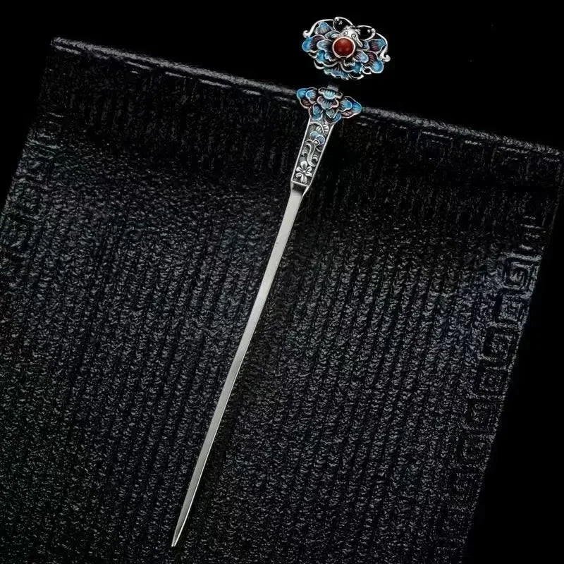 Classic charms enamel Lotus flower blue tiara hair Jewelry 925 silver exquisite ethnic style Hanfu qipao hanfu accessories